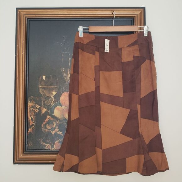THE LIMITED Gypsy Patchwork Midi Skirt Micro Suede 70s Teacher Toffee NEW - Picture 1 of 7